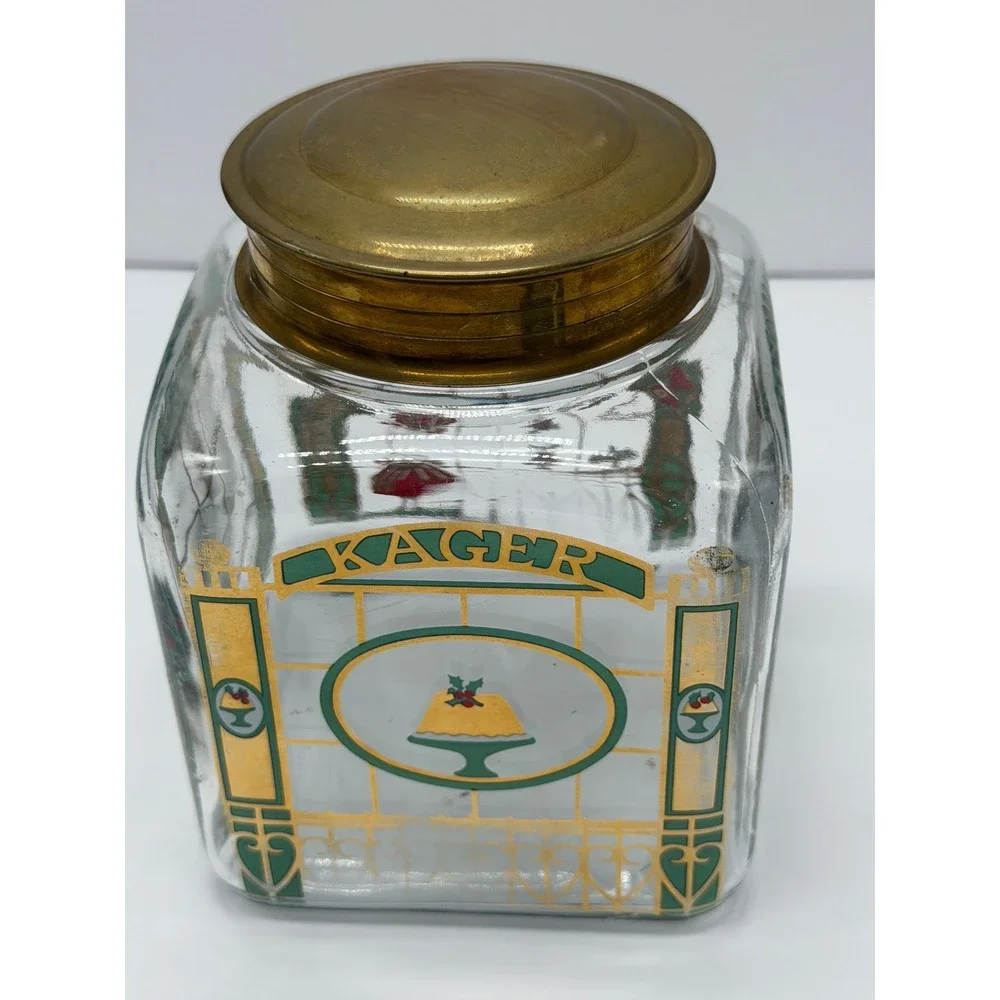 Vintage Art Deco Glass Cookie Jar Brass Lid Multi-Language Cookies Kuchen Green